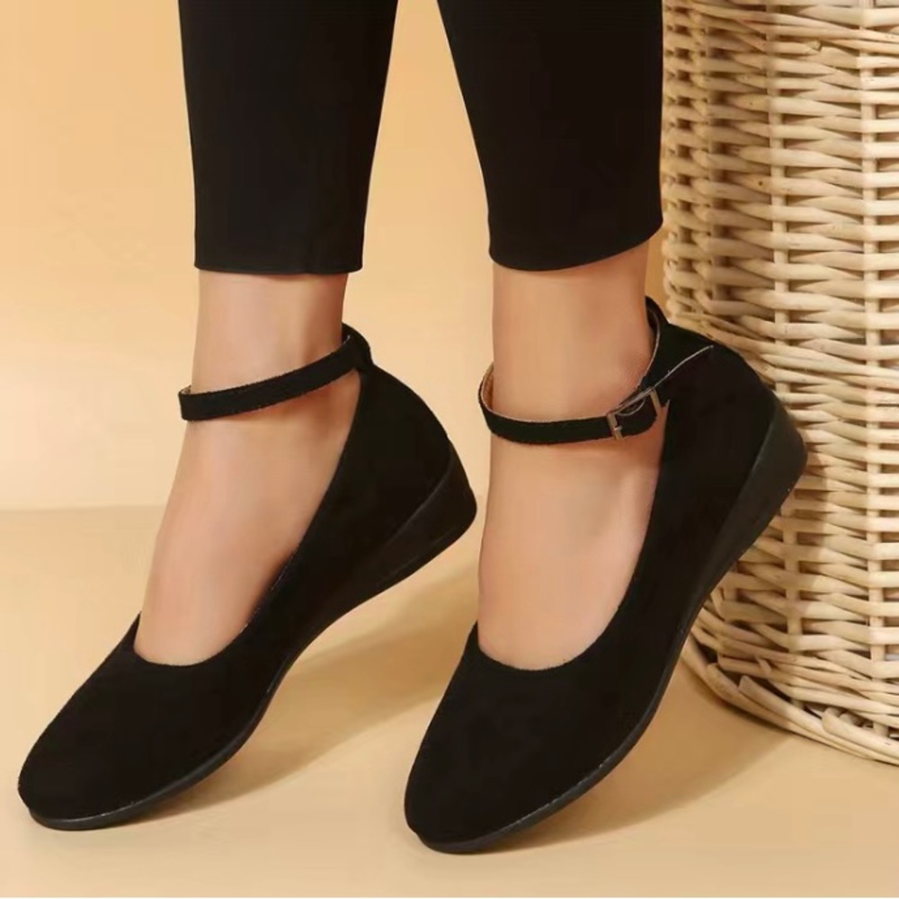 Black Suede Wedge Heel | Ankle Strap Shoes | Versatile Low Heel | Size: 6.5